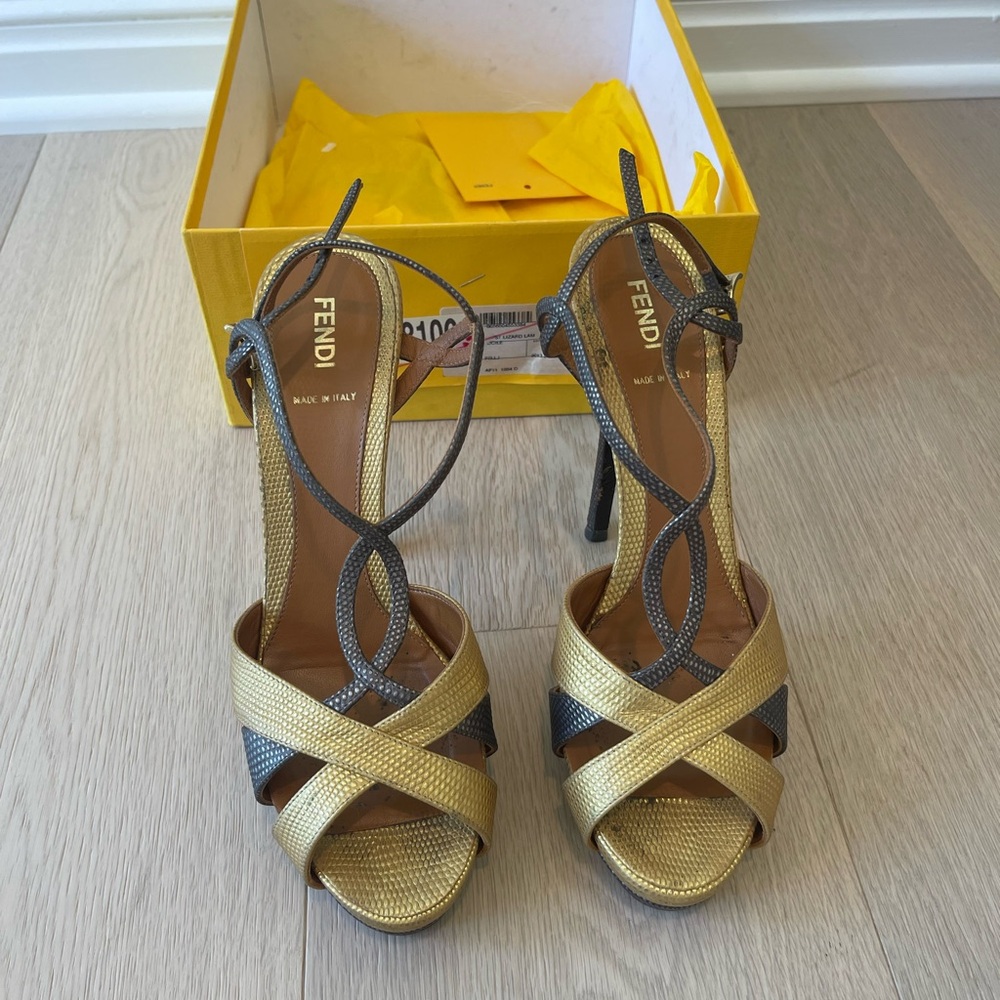 Fendi Lizard Strappy Gold and Gray Heels